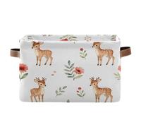 Deer Flowers Storage Basket Foldable Canvas Fabric Storage Bin Waterproof Closet Organiser Baby Basket Holiday Decorative Box with Handles for Bedroom Nursery Home
