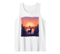 Deer Forest Wildlife Lake Sunset Mountains Vintage Retro Tank Top