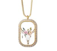 Deer Head Flower Nation Necklace Pendant Diamond Crystal Golden Jewelry