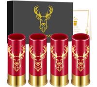 Deer Head Plastic Shot Glasses, Set of 4 with Gift Box, 12GA Stag Hunting Gifts, Novelty Shot Glasses for Men Women Wedding Party Gifts, Small Bullet Shot Cups for Whiskey Vodka Liquor, Red