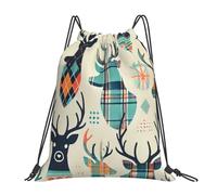 Deer-Head-Silhouettes-Plaid Drawstring Bag Waterproof Drawstring Backpack Lightweight Gym Bag For Swim Shopping Outdoor 36X42Cm
