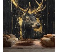 Deer Head Wallpaper, 3D Animal Wildlife Black Gold Rustic Wallpaper Murals, Deer Head Room Decor Wall Art for Bedroom Kitchen Living Room 390L x 260W cm
