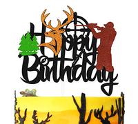 Deer Hunting Cake Topper Gone Hunting Hunter Camping Themed for Kids Boy Girl Men Happy Birthday Party Supplies Black Glitter Decorations