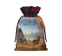 Deer Hunting Christmas Drawstring Linen Gift Bag Paired With Scottish Plaid Fabric, With A Delicate And Simple Texture