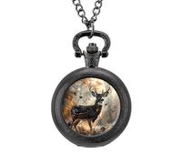 Deer Hunting Deer in The Forests Vintage Pocket Watch Alloy Pendant Watches Necklace Gift for Men Women Black-Style