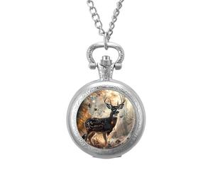 Deer Hunting Deer in The Forests Vintage Pocket Watch Alloy Pendant Watches Necklace Gift for Men Women Silver-Style