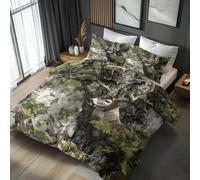 Deer Hunting Duvet Cover Double Bedding Set, Tree Forest Camo Pattern, Reversible Design Bedroom Decor Bed Quilt Cover with 2 Pillowcases, Microfiber, Zip - SMK31479