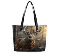 Deer Hunting Season Tote Bag Large Soft Leather Purse with Zipper Lightweight Ladies Shoulder Handbag