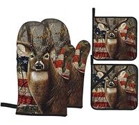 Deer Hunting Season with USA Flag Oven Mitts and Pot Holders Kitchen Set, 4 Pcs Heat Resistant Cooking Gloves Hot Pads for BBQ Baking Grilling