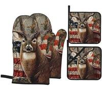 Deer Hunting Season with USA Flags Oven Mitts and Pot Holders Kitchen Set, 4 Pcs Heat Resistant Cooking Gloves Hot Pads for BBQ Baking Grilling