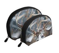 Deer in Beautiful Snow Print Makeup Bag Set 2-Piece Portable Clutch Pouch Travel Cosmetic Pouches Toiletry Bags for Daily Storage & Travel Organization