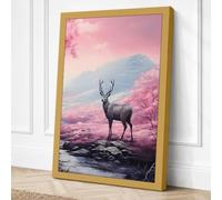 Deer in Cherry Blossom Stream Canvas Wall Art Print 24x16 Inch