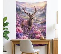 Deer in Flowering Peach Violet Tapestry, Floral Nature Wall Hanging, Bohemian Aesthetic for Living Room, Bedroom, Home Decor 40x60 Inch