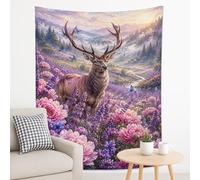 Deer in Flowering Peach Violet Tapestry, Floral Nature Wall Hanging, Bohemian Aesthetic for Living Room, Bedroom, Home Decor 70x90 Inch