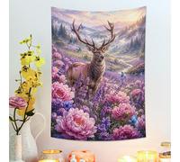 Deer in Flowering Peach Violet Tapestry, Floral Nature Wall Hanging, Bohemian Aesthetic for Living Room, Bedroom, Home Decor 30x40 Inch