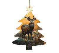 Deer in Forest Wooden Christmas Ornaments 2 Pcs Xmas Tree Hanging Christmas Tree Shape Xmas Crafts Hanging Decoration for Christmas Holiday Party Decor