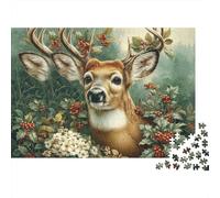 Deer in Holly Garden 1000 Piece Jigsaw Puzzles Cute Deer Close-up for Adults Educational Games Beautiful Decoration Difficult Challenging Birthday Gifts 38x26cm