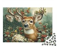 Deer in Holly Garden 1000 Pieces Puzzle Cognitive Cute Deer Close Up Skills Focus & Concentration Premium Cardboard for Teens 52x38cm/1000pcs