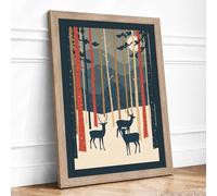 Deer in Silent Forest Mid-Century Framed Wall Art Print A1 (84.1×59.4cm) Oak, Wall Decor for Living Room, Bedroom, Office & Home, Ready to Hang, Art Gift