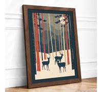 Deer in Silent Forest Mid-Century Framed Wall Art Print A1 (84.1×59.4cm) Walnut, Wall Decor for Living Room, Bedroom, Office & Home, Ready to Hang, Art Gift