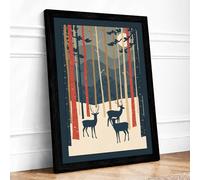 Deer in Silent Forest Mid-Century Framed Wall Art Print A2 (59.4×42cm) Black, Wall Decor for Living Room, Bedroom, Office & Home, Ready to Hang, Art Gift