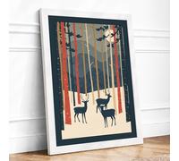 Deer in Silent Forest Mid Century Framed Wall Art Print A2 White | Ready to Hang, Premium Gi Paper, Fade-Resistant Inks, Securely Packaged, UK Made