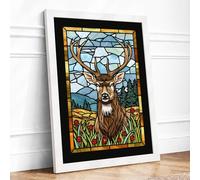 Deer in Stained Glass Boho Framed Wall Art Print A3 (42×29.7cm) White, Wall Decor for Living Room, Bedroom, Office & Home, Ready to Hang, Art Gift