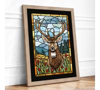 Deer in Stained Glass Boho Framed Wall Art Print A4 Oak