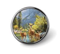 Deer in Streams at Foot of Mountain Pin Brooch Badge Button Round 1 Inch