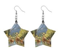 Deer in Streams at Foot of Mountain Women's Earrings Wooden Pendant Dangle Jewelry Stylish Accessories for Party