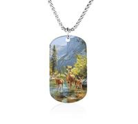 Deer in Streams at Foot of Mountain Women's Pendant Necklace for Men Silver Chain Customizable Jewelry Dog Tag Necklaces