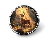Deer in The Autumn Woods Round Brooch Cute Pin Badges Decoration Jewellery for Men Women Metal Lapel Pins