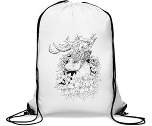 Deer In The Flowers Black Art Gym Sack Casual Drawstring Bag White