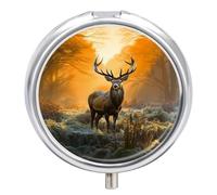 Deer in The Grass Metal Pill Organizer, 3 Compartment Waterproof Pill Case with Mirror for Purse Pocket Bag, Daily Medicine Vitamin Holder, Portable Travel Med Container(Round)