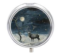 Deer in The Moonlight Pill Box 3 Compartment Travel Pill Organizer 3 Times A Day Cute Mini Pill Case for Purse & Pocket Portable Metal Medicine Box with Mirror Round Daily Medicine Vitamin Container