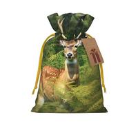 Deer in the Woods Printed Christmas Drawstring Bags Reusable Bag for Christmas Party Xmas Gift Wrapping, Yellow Ribbon, M