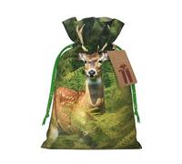 Deer in the Woods Printed Christmas Drawstring Bags Reusable Bag for Party Xmas Gift Wrapping, Green Ribbon, S