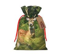 Deer in the Woods Printed Christmas Drawstring Bags Reusable Bag for Party Xmas Gift Wrapping, Red Ribbon, M
