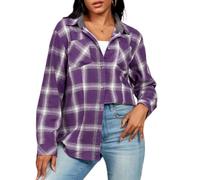 Deer Lady Plaid Flannel Shirts for Women Buffalo Plaid Shirts Oversized Long Sleeve Casual Button Down Blouse Top, Purple and White, 3XL