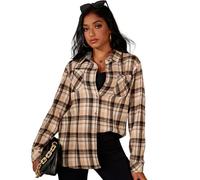 Deer Lady Plaid Flannel Shirts for Women Buffalo Plaid Shirts Oversized Long Sleeve Casual Button Down Blouse Top, Apricot Black, L