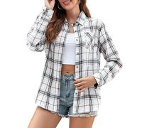 Deer Lady Plaid Flannel Shirts for Women Buffalo Plaid Shirts Oversized Long Sleeve Casual Button Down Blouse Top, White Black, 3XL