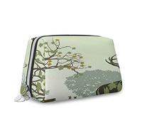Deer,Leather Large Makeup Bag,Deer and Wildlife in Park,Travel Cosmetic Bag Portable Versatile Zipper Pouch for Women,Green,M