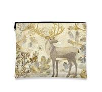 Deer Makeup Bag, Gold Antlers Winter Woodland Cosmetic Travel Pouch for Women, Portable Small Canvas Zipper Organizer, Holiday Skincare Toiletry Bag, Gold, 7x9 Inch, Deer