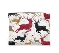 Deer Makeup Bag, Red and Black Running Stag Cosmetic Travel Pouch for Women, Portable Small Canvas Zipper Organizer, Holiday Skincare Toiletry Bag, Red, 7x9 Inch, Deer
