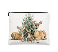 Deer Makeup Bag, Woodland Animals Christmas Cosmetic Travel Pouch for Women, Portable Large Canvas Zipper Organizer, Holiday Skincare Toiletry Bag, White, 7x9 Inch