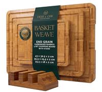 Deer & Oak 3-Piece Carbonised End Grain Bamboo Chopping Board Set with Stand, Pre-Oiled Wooden Cutting Board Set, Basket Weave Pattern, Durable Butcher Block Boards