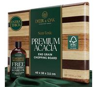 Deer & Oak End Grain Acacia Chopping Board with Racing Stripe Design & Food Safe Mineral Oil Bundle - 40 x 30 x 3.5 cm, FSC Certified Pre-Oiled Butcher's Block, Charcuterie Serving Board
