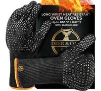 Deer & Oak Long Wrist Heat Resistant Non Slip Oven Mitts - Up to 800°C / 1472°F Heatproof BBQ Gloves with Silicone Grip, Oven Gloves for Grilling, Cooking, Baking