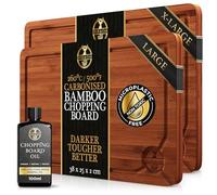 Deer & Oak Wooden Chopping Board Set & Food Safe Mineral Oil Bundle, Large & XL Carbonised Bamboo Cutting Boards Pre Oiled + 100ml Food Grade Wood Oil for Butchers Block & Kitchen Use