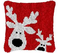 Deer Red Latch Hook Christmas Pillow Kits for Adults and Starter DIY Cushion Cross Stitch Latch Hook Rug Kits Crochet Yarn Kits Needlework Crafts 17'' X 17''